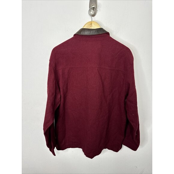 VTG 90s Cabelas Mens L Leather Collar Wool Button Shirt Jacket Shacket Red - Picture 4 of 5